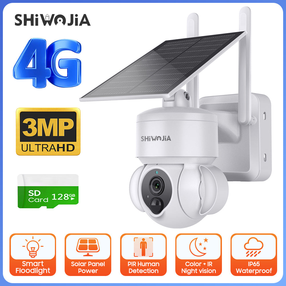 SHIWOJIA Outdoor Camera 4G SIM /WIFI Solar Powered 7800mAh Battery with 5W Solar Panels 3MP Color Night Vision Wireless Garden CCTV.Built-in Battery
