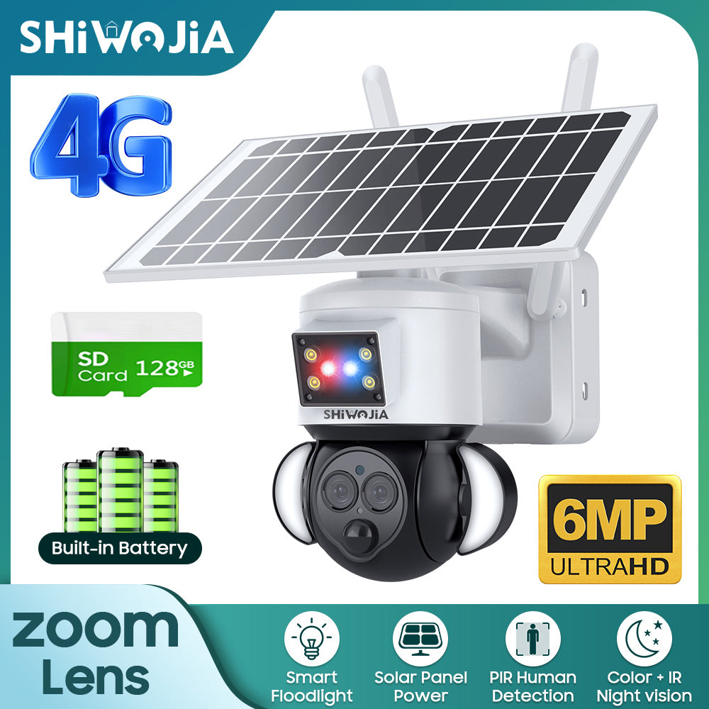 SHIWOJIA 4G SIM / WIFI 12X ZOOM Red/Blue alarm Floodlight Solar Battery PTZ Camera 6MP HD Wireless Security CCTV Including 12000mAh Battery
