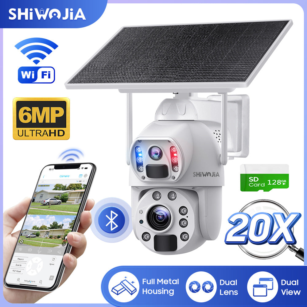 SHIWOJIA 10W Solar Panel Camera 4G SIM / WIFI 6MP 20X ZOOM Solar 20000mAh Battery Cameras 360° Outdoor Dual Lens Recording Humanoid Cam