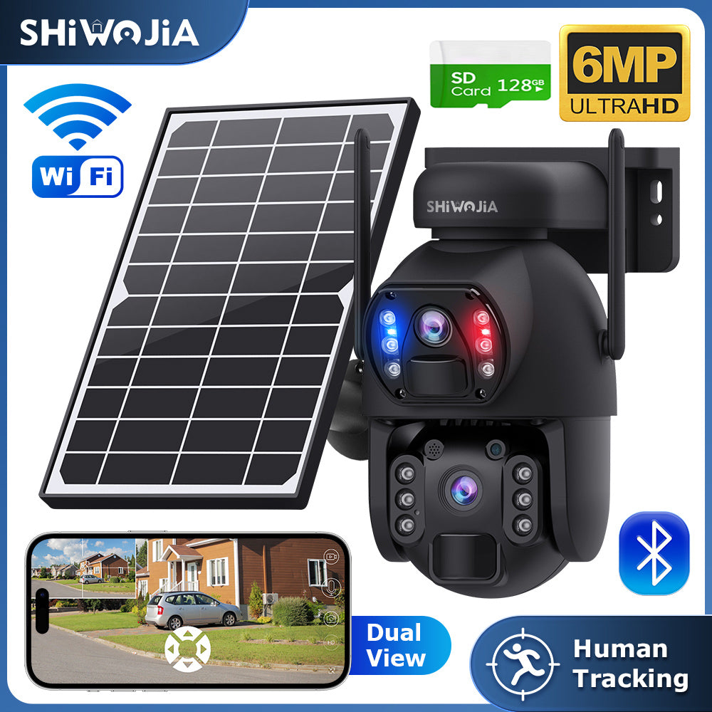 SHIWOJIA 4G SIM / WIFI Cellular Security Camera Dual-Lens,6MP Solar Camera Wireless Outdoor,Siren Alarm,Color Night Vision,Dual Screen,Built-in 12000mAh Battery