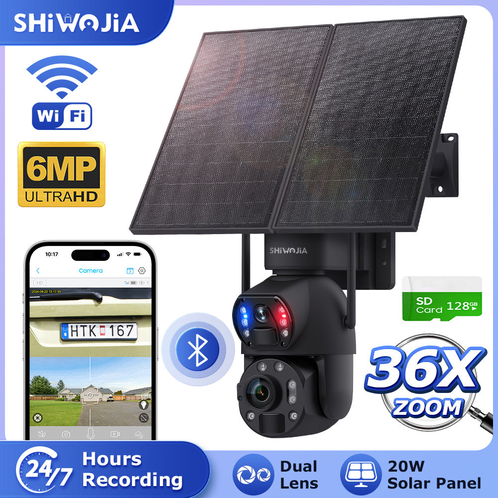 SHIWOJIA 20W Solar Battery 36X Zoom Red Blue Alarm FloodLight PTZ Camera 4G SIM / WIFI Cellular Security Camera Dual-Lens,6MP Solar Camera Wireless Outdoor,Color Night Vision,Dual Screen,Built-in Battery