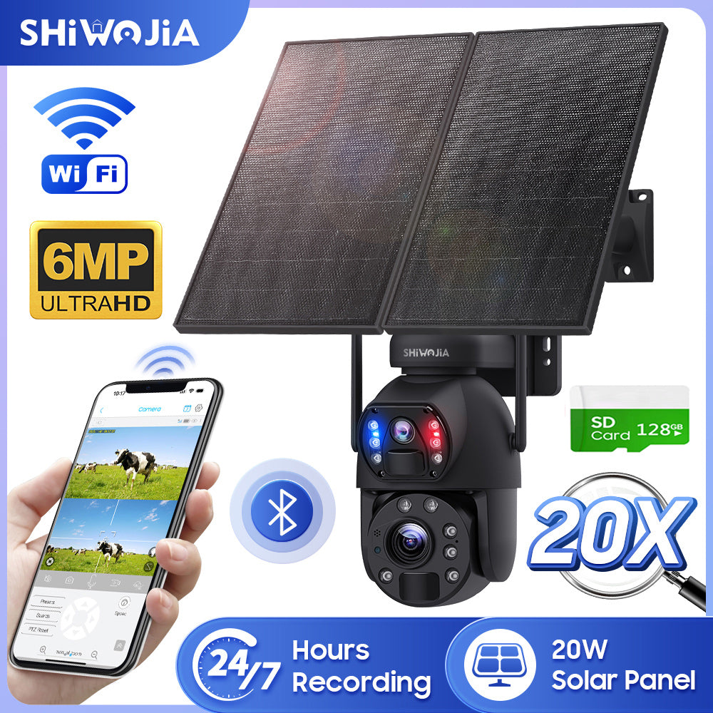 SHIWOJIA 20W Solar Battery 20X Zoom Red Blue Alarm FloodLight PTZ Camera 4G SIM / WIFI Cellular Security Camera Dual-Lens,6MP Solar Camera Wireless Outdoor,Color Night Vision,Dual Screen,Built-in Battery