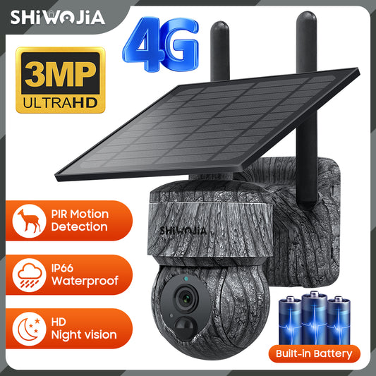 SHIWOJIA 517C Solar Cellular Trail Camera,4G SIM /WIFI Hunting Camera,360° PTZ,Live 3MP Video,IR Infrared,Game Cameras with Motion Activated Waterproof.Built-in Battery