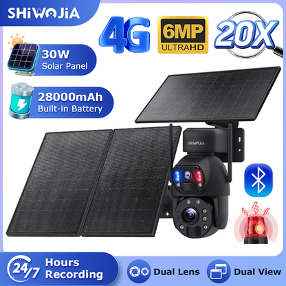 SHIWOJIA 30W Solar Battery 20x zoom Red Blue Alarm Floodlight PTZ Camera 3 PCS Solar Board Built in 28000mAh Batteries Night Vision Camera 