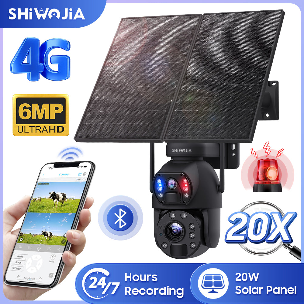SHIWOJIA 20W Solar Battery 20X Zoom Red Blue Alarm FloodLight PTZ Camera 4G SIM / WIFI Cellular Security Camera Dual-Lens,6MP Solar Camera Wireless Outdoor,Color Night Vision,Dual Screen,Built-in Battery 