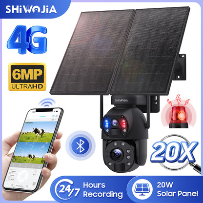 SHIWOJIA 20W Solar Battery 20X Zoom Red Blue Alarm FloodLight PTZ Camera 4G SIM / WIFI Cellular Security Camera Dual-Lens,6MP Solar Camera Wireless Outdoor,Color Night Vision,Dual Screen,Built-in Battery 