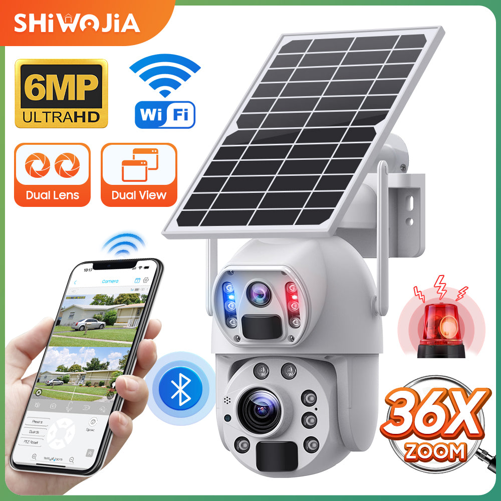 SHIWOJIA Solar Camera 4G SIM / WIFI 6MP Big 36X Zoom Dual Lens Recording Humanoid Tracking Outdoor Camera Metal Waterproof,Built-in Battery 