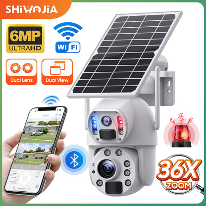 SHIWOJIA Solar Camera 4G SIM / WIFI 6MP Big 36X Zoom Dual Lens Recording Humanoid Tracking Outdoor Camera Metal Waterproof,Built-in Battery 
