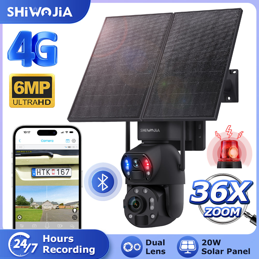 SHIWOJIA 20W Solar Battery 36X Zoom Red Blue Alarm FloodLight PTZ Camera 4G SIM / WIFI Cellular Security Camera Dual-Lens,6MP Solar Camera Wireless Outdoor,Color Night Vision,Dual Screen,Built-in Battery 