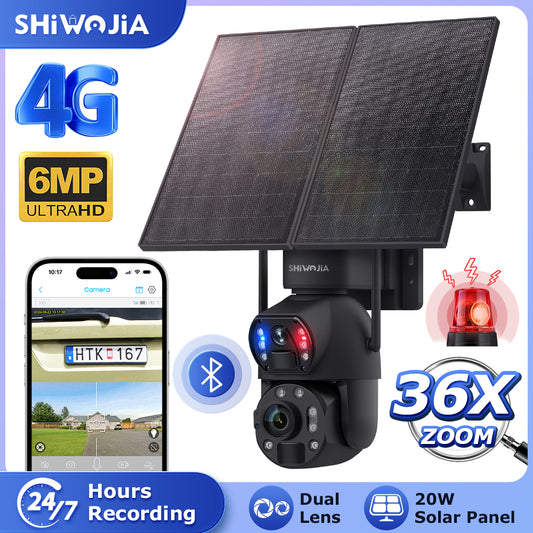 SHIWOJIA 20W Solar Battery 36X Zoom Red Blue Alarm FloodLight PTZ Camera 4G SIM / WIFI Cellular Security Camera Dual-Lens,6MP Solar Camera Wireless Outdoor,Color Night Vision,Dual Screen,Built-in Battery 