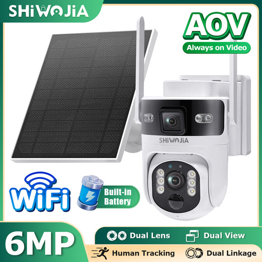 SHIWOJIA Dual Len 4G Solar Camera AOV 24/7 Full Time Recording Ptz Camera Outdoor IP65 6MP HD Motion Detection CCTV Camera