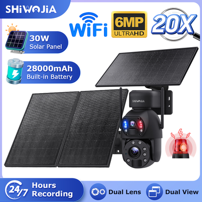 SHIWOJIA 6MP 30W Solar Battery 20x zoom Red Blue Alarm Floodlight PTZ Camera Night Vision 3 PCS Solar Board Built in 28000mAh Batteries 