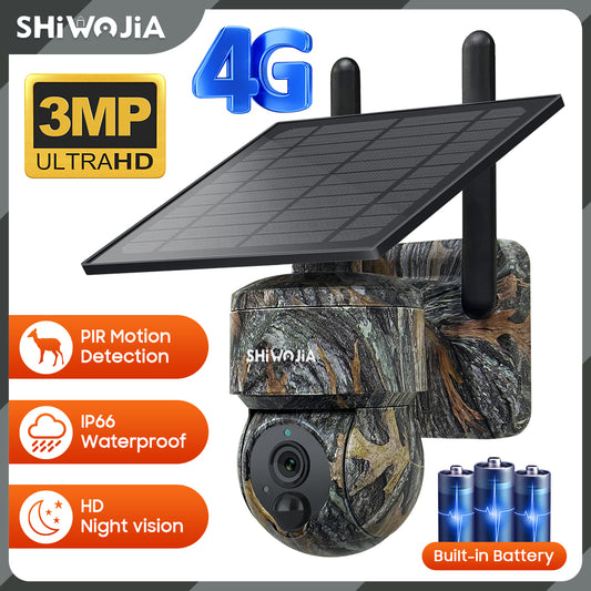 SHIWOJIA Camouflage Color Solar Battery PTZ Camera.4G SIM / WIFI 3MP 360° View Animal Monitoring.Built-in Battery 