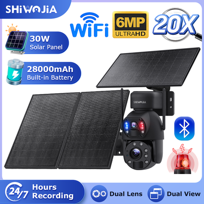 SHIWOJIA 30W Solar Battery 20x zoom Red Blue Alarm Floodlight PTZ Camera 3 PCS Solar Board Built in 28000mAh Batteries Night Vision Camera 