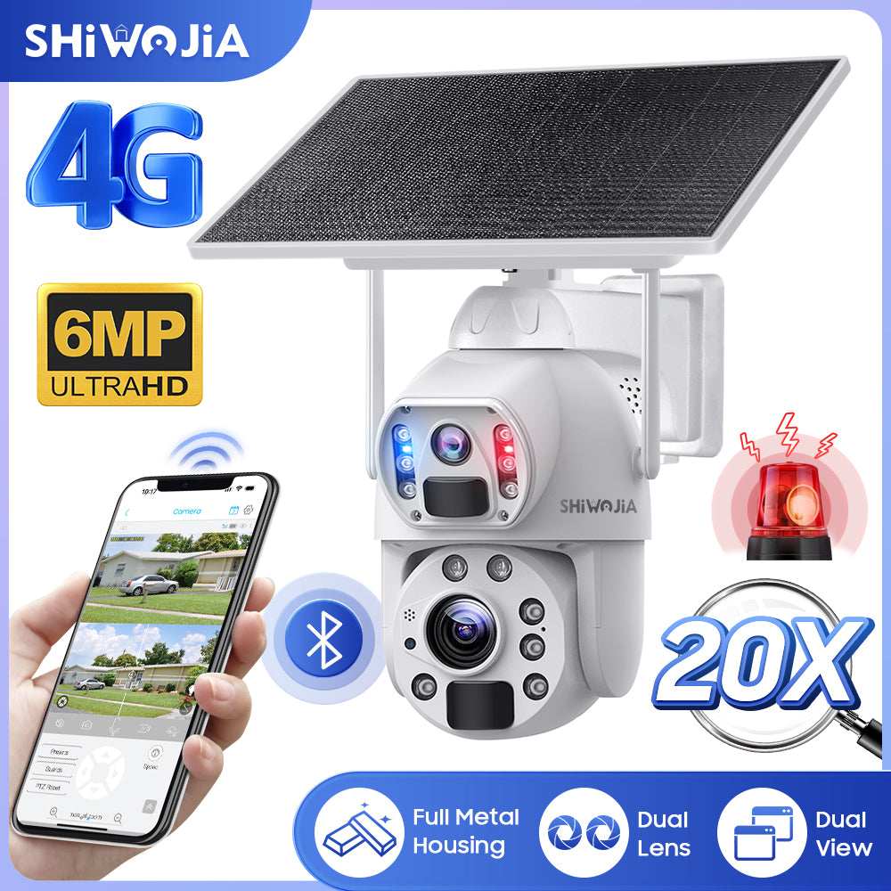 SHIWOJIA 10W Solar Panel Camera 4G SIM / WIFI 6MP 20X ZOOM Solar 20000mAh Battery Cameras 360° Outdoor Dual Lens Recording Humanoid Cam 