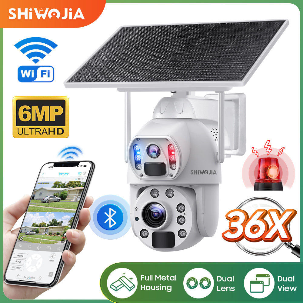 SHIWOJIA 36X Optical add Digital Zoom 4G SIM / WIFI Cellular Security Camera Dual-Lens,6MP Solar Camera Wireless Outdoor,Siren Alarm,Color Night Vision,Dual Screen,Built-in Battery