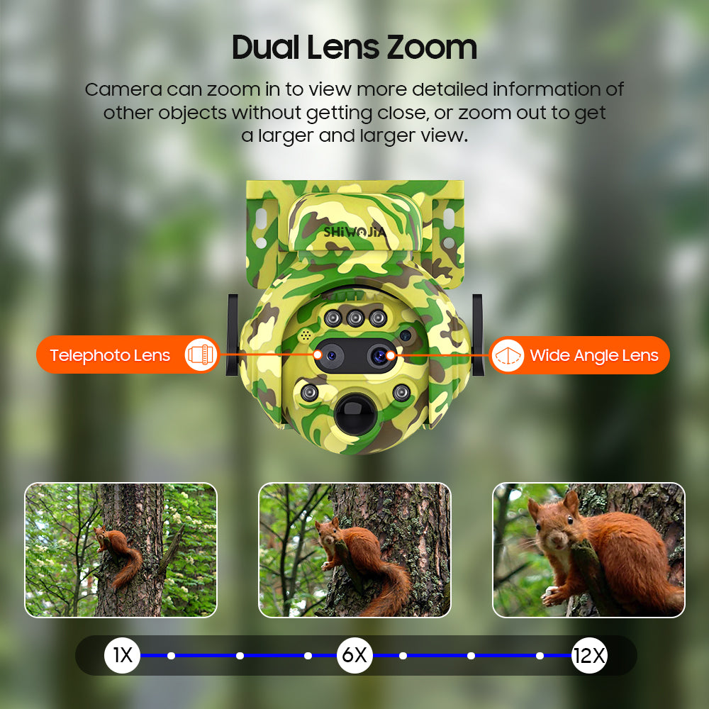SHIWOJIA 6MP Solar Camera 4G SIM / WIFI Security Outdoor Camouflage Color 12X Zoom Solar Battery PTZ Camera 
