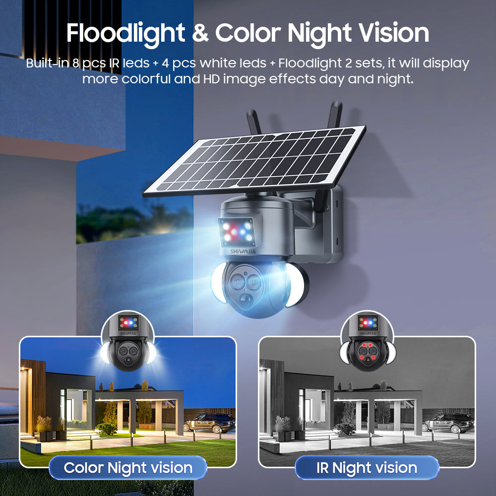 SHIWOJIA 4G SIM / WIFI 12X ZOOM Red/Blue alarm Floodlight Solar Battery PTZ Camera 6MP HD Wireless Security CCTV Including 12000mAh Battery 