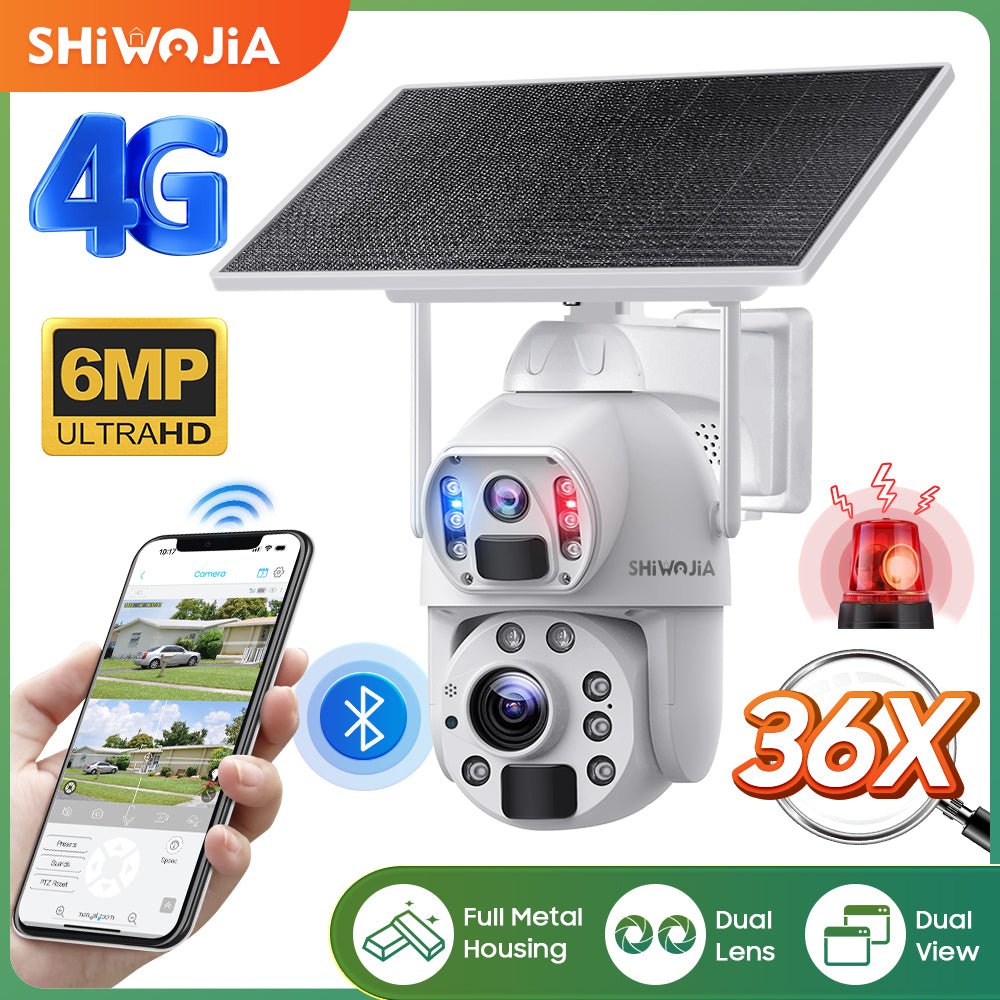 SHIWOJIA 36X Optical add Digital Zoom 4G SIM / WIFI Cellular Security Camera Dual-Lens,6MP Solar Camera Wireless Outdoor,Siren Alarm,Color Night Vision,Dual Screen,Built-in Battery