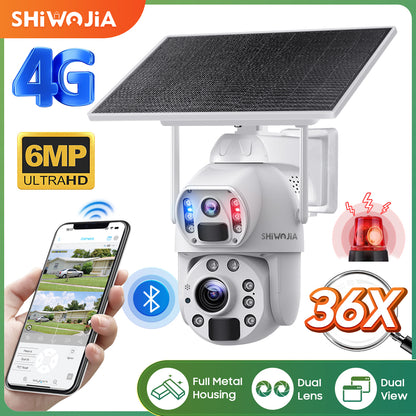 SHIWOJIA 36X Optical add Digital Zoom 4G SIM / WIFI Cellular Security Camera Dual-Lens,6MP Solar Camera Wireless Outdoor,Siren Alarm,Color Night Vision,Dual Screen,Built-in Battery