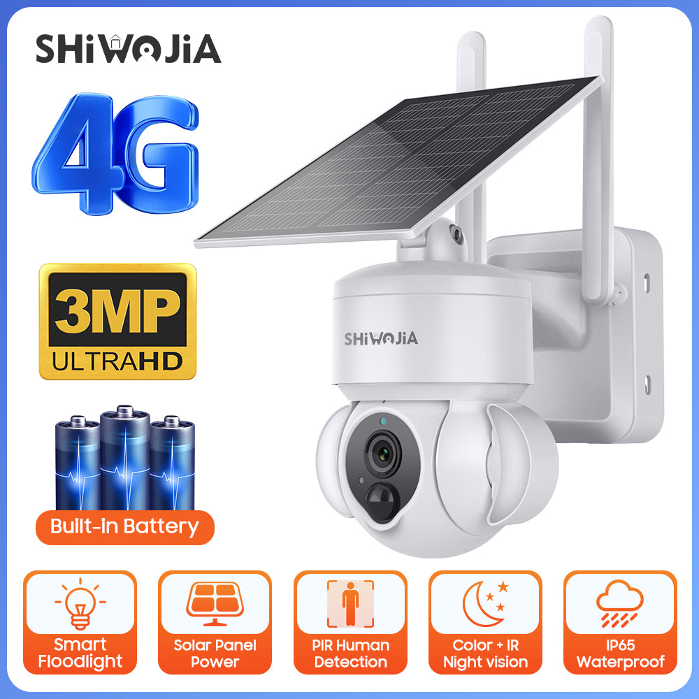 SHIWOJIA Outdoor Camera 4G SIM /WIFI Solar Powered 7800mAh Battery with 5W Solar Panels 3MP Color Night Vision Wireless Garden CCTV.Built-in Battery