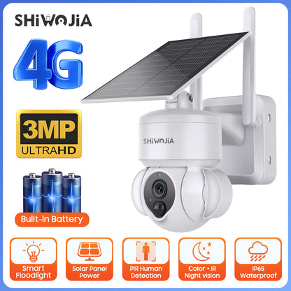 SHIWOJIA Outdoor Camera 4G SIM /WIFI Solar Powered 7800mAh Battery with 5W Solar Panels 3MP Color Night Vision Wireless Garden CCTV.Built-in Battery