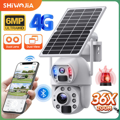 SHIWOJIA Solar Camera 4G SIM / WIFI 6MP Big 36X Zoom Dual Lens Recording Humanoid Tracking Outdoor Camera Metal Waterproof,Built-in Battery 