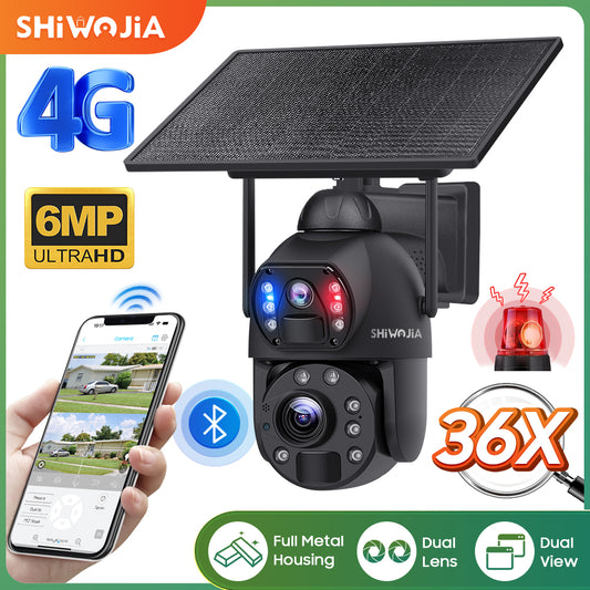 SHIWOJIA 36X Optical add Digital Zoom 4G SIM / WIFI Cellular Security Camera Dual-Lens,6MP Solar Camera Wireless Outdoor,Siren Alarm,Color Night Vision,Dual Screen,Built-in Battery