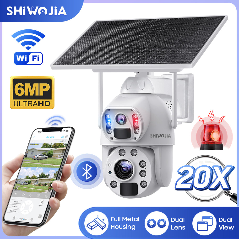 SHIWOJIA 10W Solar Panel Camera 4G SIM / WIFI 6MP 20X ZOOM Solar 20000mAh Battery Cameras 360° Outdoor Dual Lens Recording Humanoid Cam 
