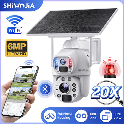 SHIWOJIA 10W Solar Panel Camera 4G SIM / WIFI 6MP 20X ZOOM Solar 20000mAh Battery Cameras 360° Outdoor Dual Lens Recording Humanoid Cam 