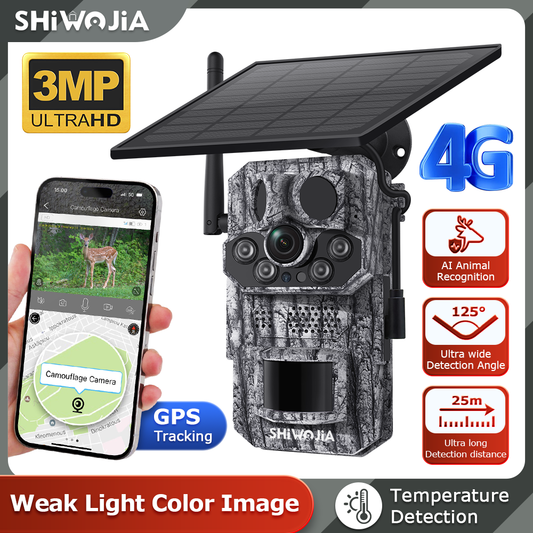 SHIWOJIA GPS Tracking 4G Solar Trail Camera 3MP Super HD PIR Motion Detection IP66 Waterproof Wide Range Detection Night Vision