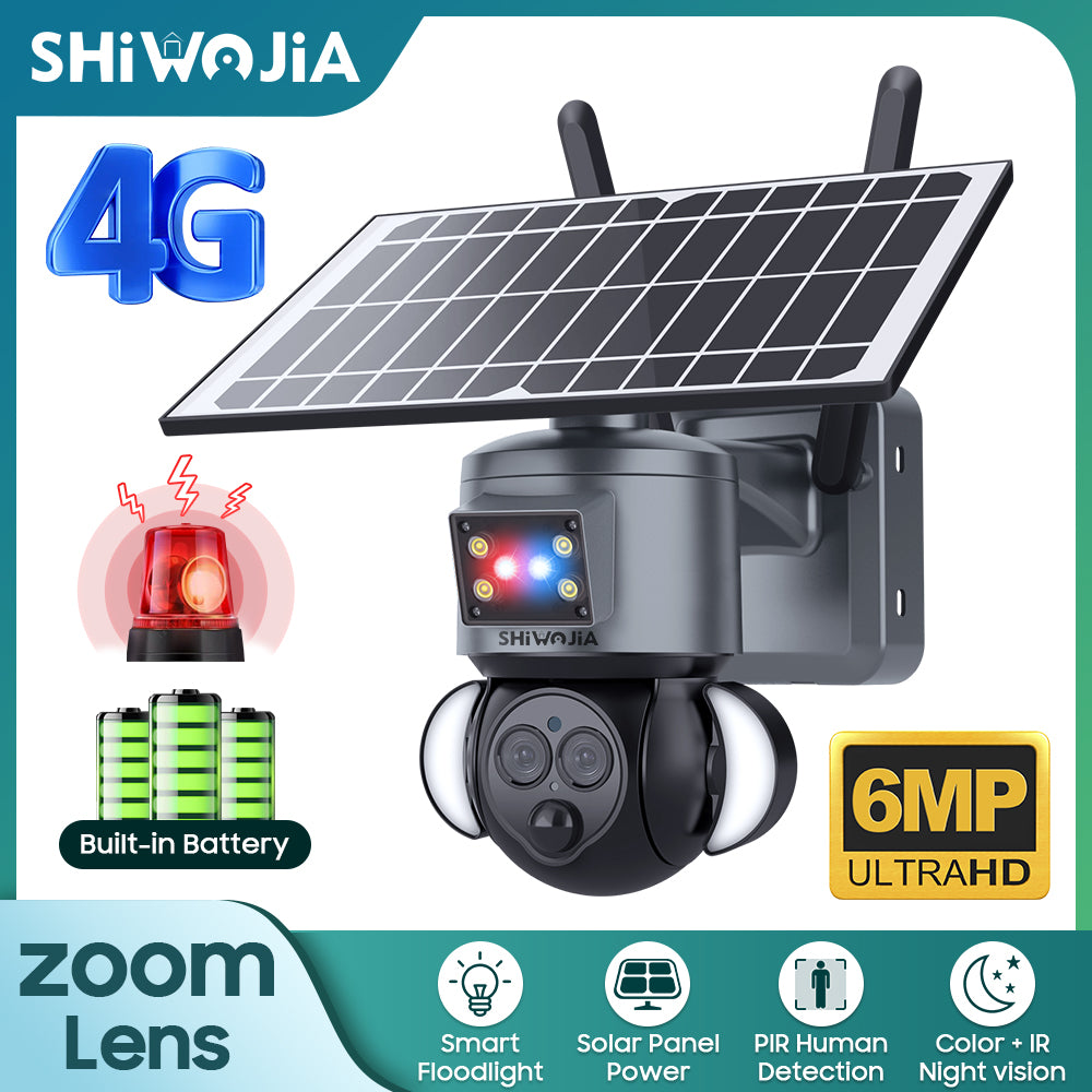 SHIWOJIA 4G SIM / WIFI 12X ZOOM Red/Blue alarm Floodlight Solar Battery PTZ Camera 6MP HD Wireless Security CCTV Including 12000mAh Battery 