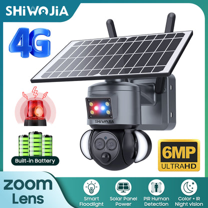SHIWOJIA 4G SIM / WIFI 12X ZOOM Red/Blue alarm Floodlight Solar Battery PTZ Camera 6MP HD Wireless Security CCTV Including 12000mAh Battery 
