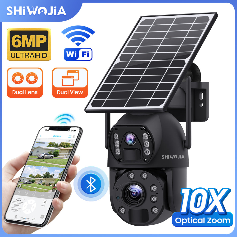 SHIWOJIA 10X Optical Zoom 4G SIM / WIFI Cellular Security Camera Dual-Lens,Dual View 6MP Solar Camera Wireless Outdoor,Siren Alarm,Color Night Vision,Dual Screen. Built-in Battery 