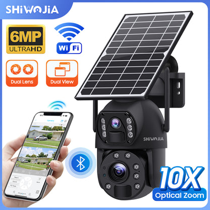SHIWOJIA 10X Optical Zoom 4G SIM / WIFI Cellular Security Camera Dual-Lens,Dual View 6MP Solar Camera Wireless Outdoor,Siren Alarm,Color Night Vision,Dual Screen. Built-in Battery 