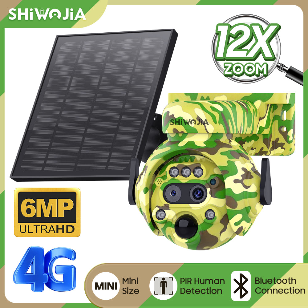 SHIWOJIA 6MP Solar Camera 4G SIM / WIFI Security Outdoor Camouflage Color 12X Zoom Solar Battery PTZ Camera 