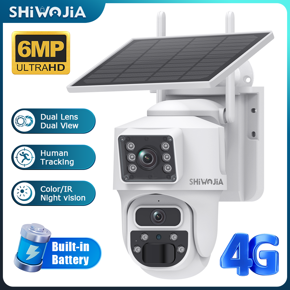SHIWOJIA 6MP Solar Panel Wifi 12X CCTV PTZ Camera Outdoor Dual Screen 3K Security Battery Power Solar Powered Network Camera 