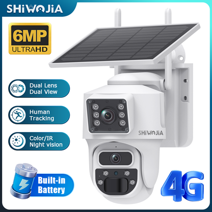 SHIWOJIA 6MP Solar Panel Wifi 12X CCTV PTZ Camera Outdoor Dual Screen 3K Security Battery Power Solar Powered Network Camera 