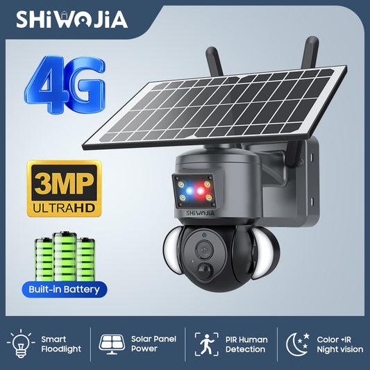 SHIWOJIA 3MP Solar Camera 4G SIM / WIFI Security Outdoor Dual Lens Recording Humanoid Tracking Camera+Floodlight+Alarm Solar Battery PTZ Camera 