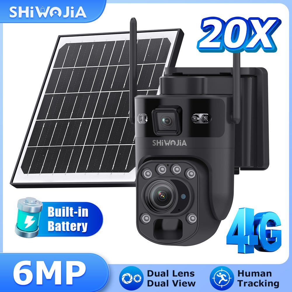 SHIWOJIA 6MP 4G Solar Camera 20X Optical ZOOM Dual Screen Outdoor Security IP Camera Night Vision PIR Detection CCTV 20X