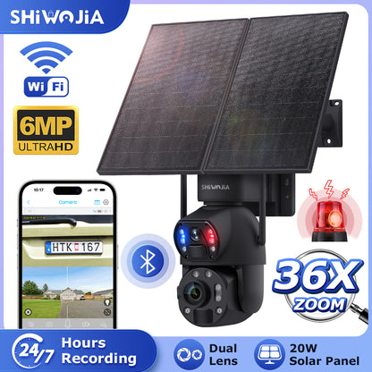 SHIWOJIA 20W Solar Battery 36X Zoom Red Blue Alarm FloodLight PTZ Camera 4G SIM / WIFI Cellular Security Camera Dual-Lens,6MP Solar Camera Wireless Outdoor,Color Night Vision,Dual Screen,Built-in Battery 