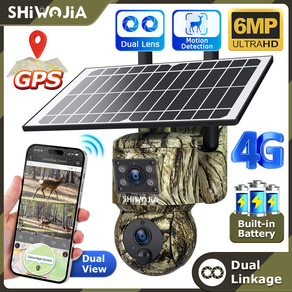 SHIWOJIA 6MP 4G With GPS Location Camouflage Color Dual Lens Solar Battery PTZ Camera Support PIR Detection Wake Built In 12000mAh Battery 