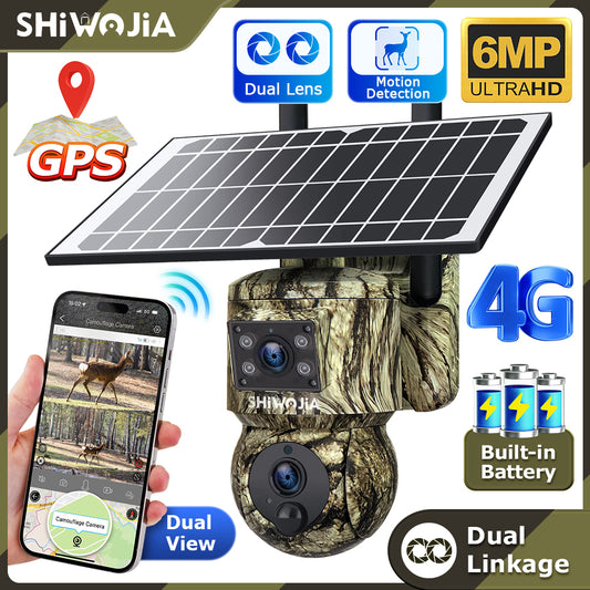 SHIWOJIA 6MP 4G With GPS Location Camouflage Color Dual Lens Solar Battery PTZ Camera Support PIR Detection Wake Built In 12000mAh Battery 