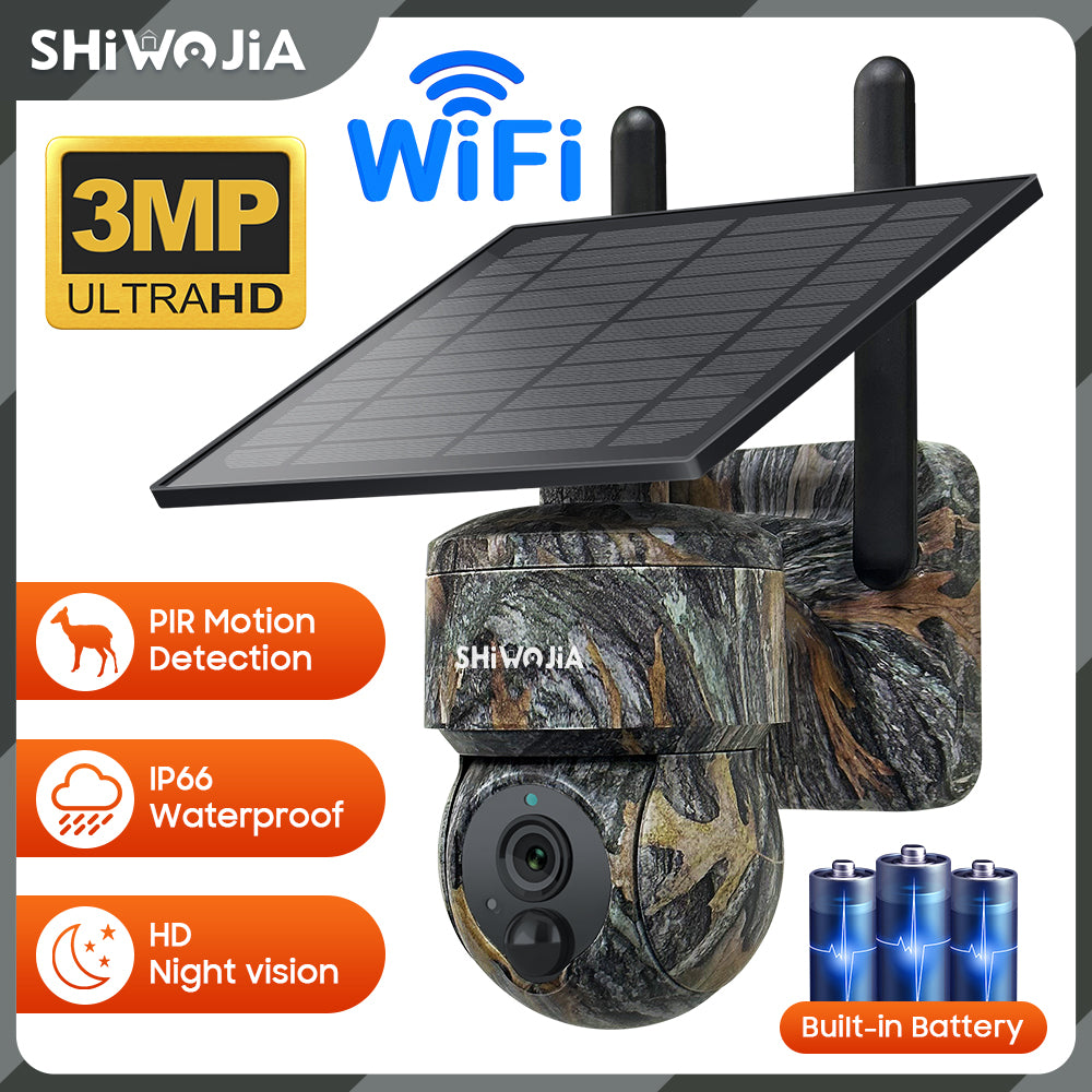 SHIWOJIA 3MP Camouflage Color Solar Battery PTZ Camera Outdoor Wifi Surveillance Effective Distance 15M Built In 7800mAh Battery 