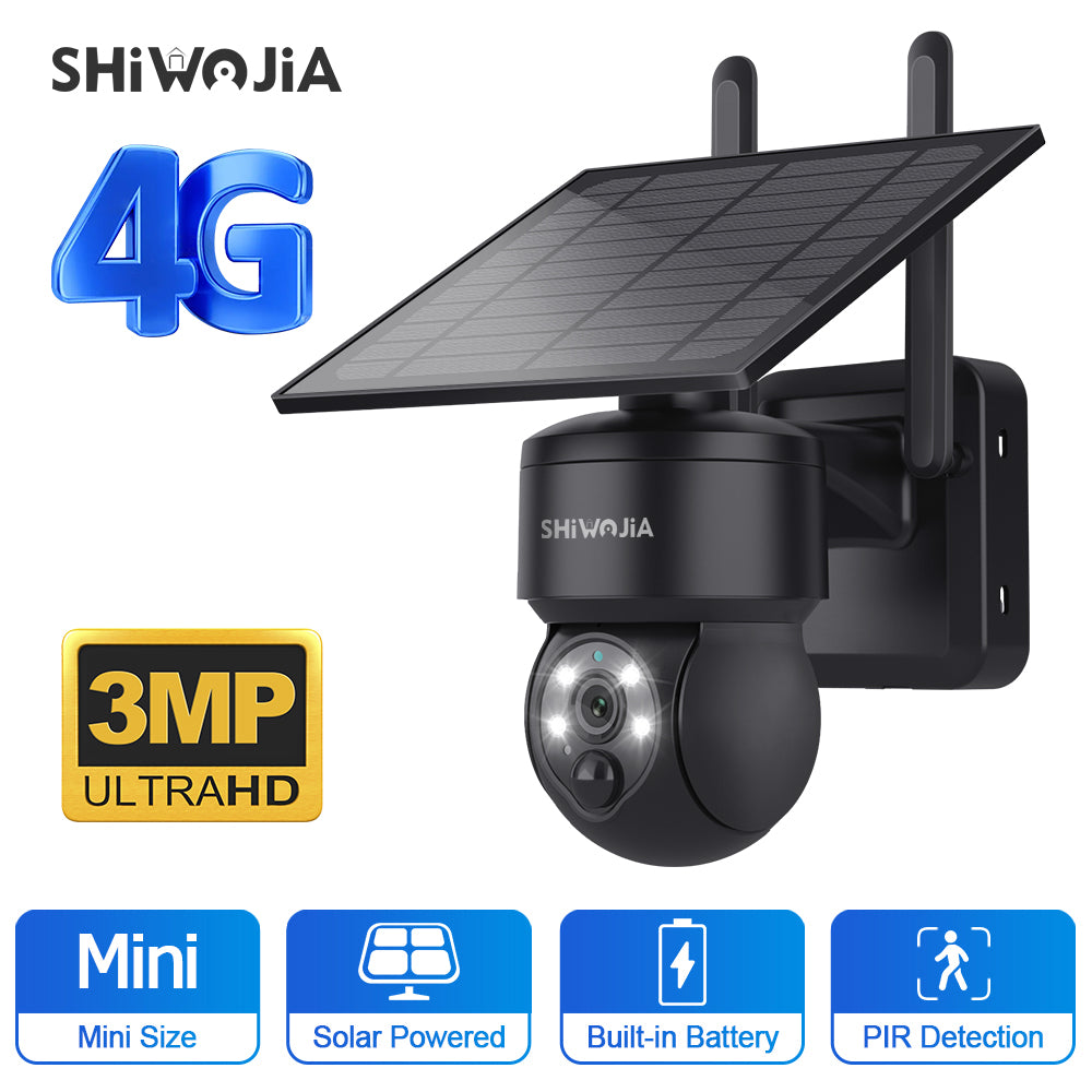 SHIWOJIA 4G SIM / WIFI Solar Security Cameras WIFI Wireless Outdoor 3MP View Animal Monitoring MiNi Solar Battery PTZ Camera Built-in Battery 