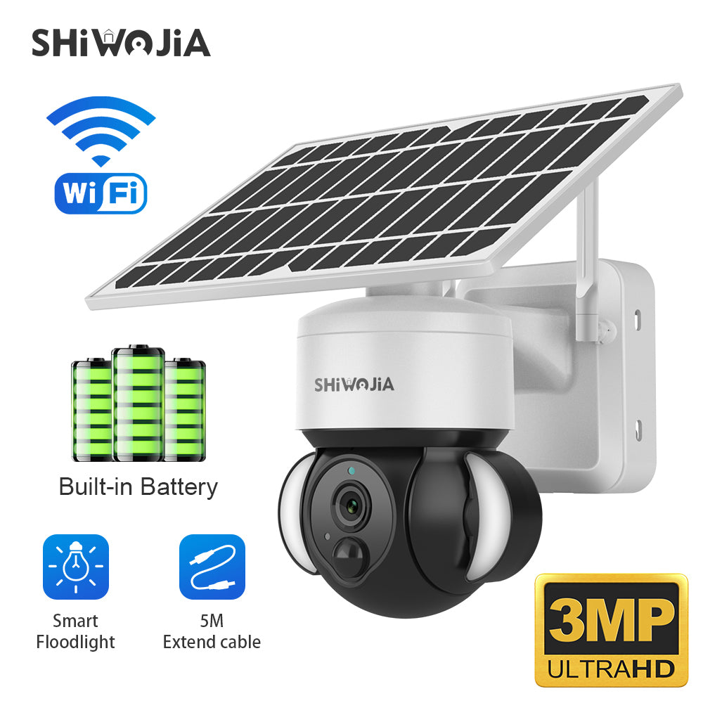 SHIWOJIA 3MP Solar Camera 4G SIM / WIFI Security Outdoor Recording Humanoid Tracking Floodlight Solar Battery PTZ Camera 