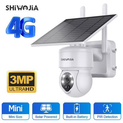SHIWOJIA 4G SIM / WIFI Solar Security Cameras WIFI Wireless Outdoor 3MP View Animal Monitoring MiNi Solar Battery PTZ Camera Built-in Battery 