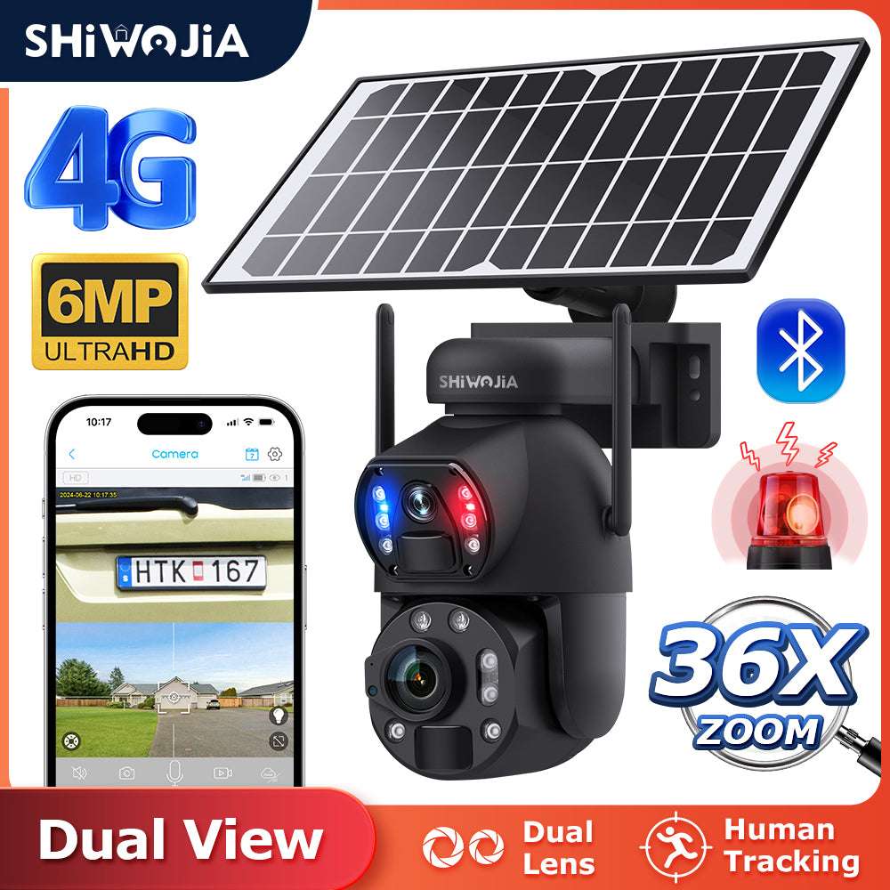SHIWOJIA Solar Camera 4G SIM / WIFI 6MP Big 36X Zoom Dual Lens Recording Humanoid Tracking Outdoor Camera Metal Waterproof,Built-in Battery 