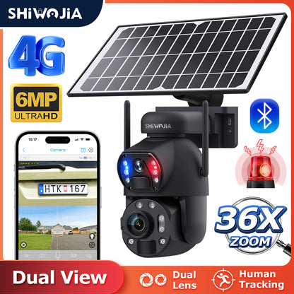 SHIWOJIA Solar Camera 4G SIM / WIFI 6MP Big 36X Zoom Dual Lens Recording Humanoid Tracking Outdoor Camera Metal Waterproof,Built-in Battery 