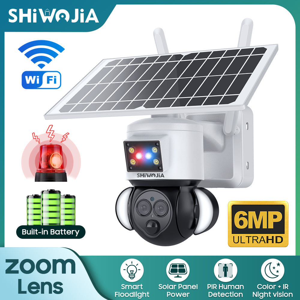 SHIWOJIA 4G SIM / WIFI 12X ZOOM Red/Blue alarm Floodlight Solar Battery PTZ Camera 6MP HD Wireless Security CCTV Including 12000mAh Battery 